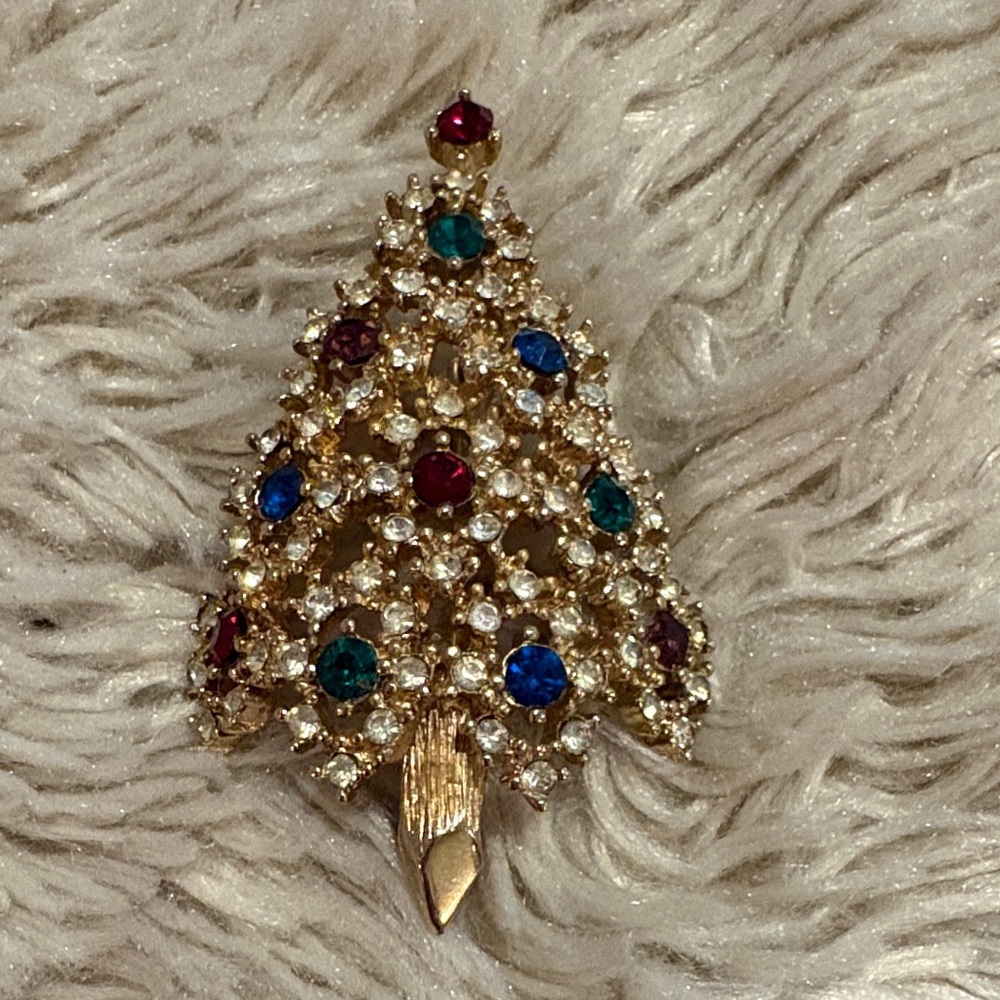 Vintage Eisenberg Gold Tone Rhinestone Cut Your Own Christmas Tree Brooch Rare